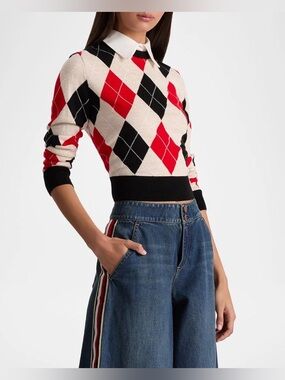 Alice + Olivia Red, Black & Cream Argyle Crewneck Sweatshirt